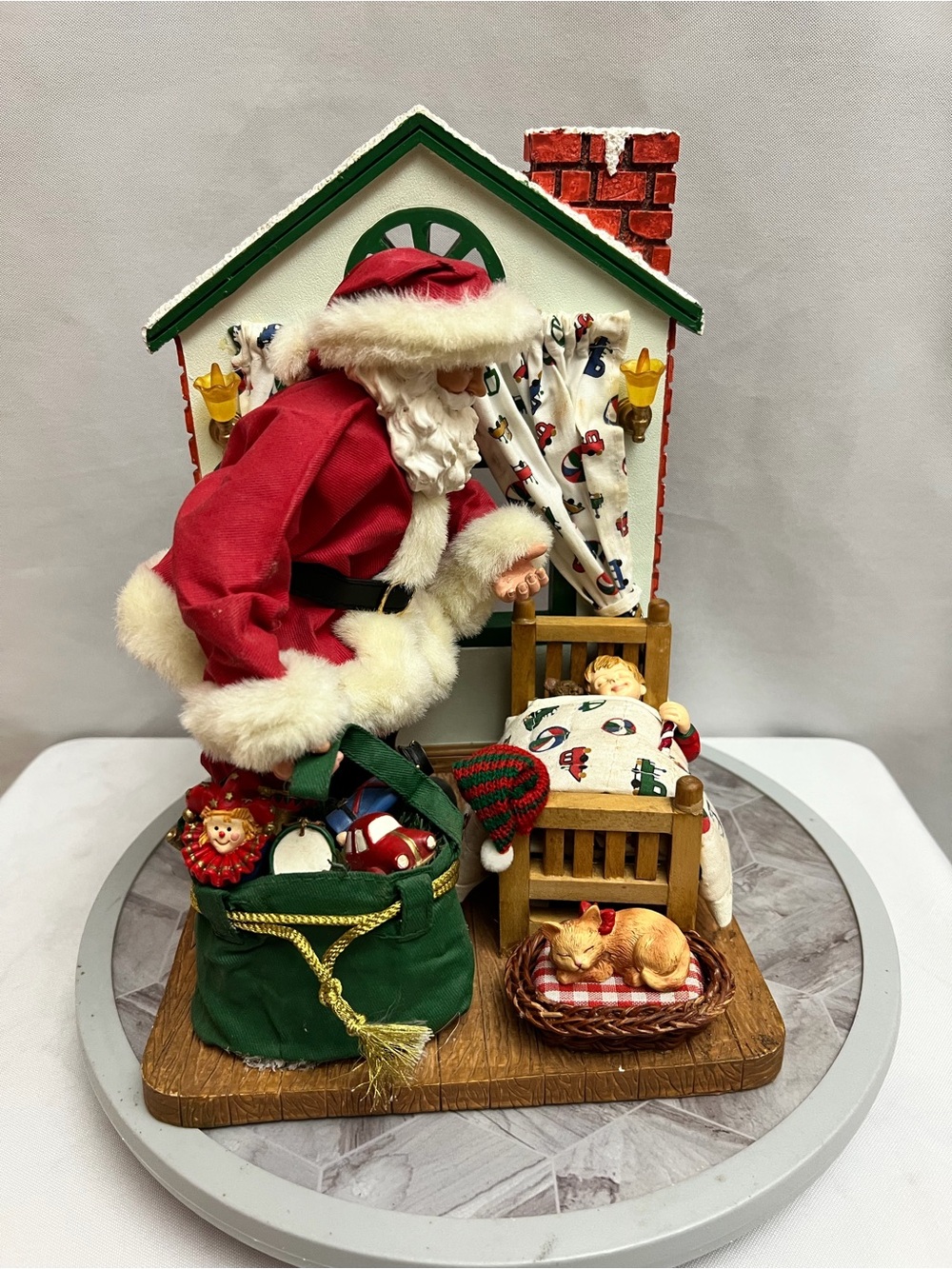 Vintage Kirkland Signature Fabric Mache Santa Child Bed Cat Christmas Figurine